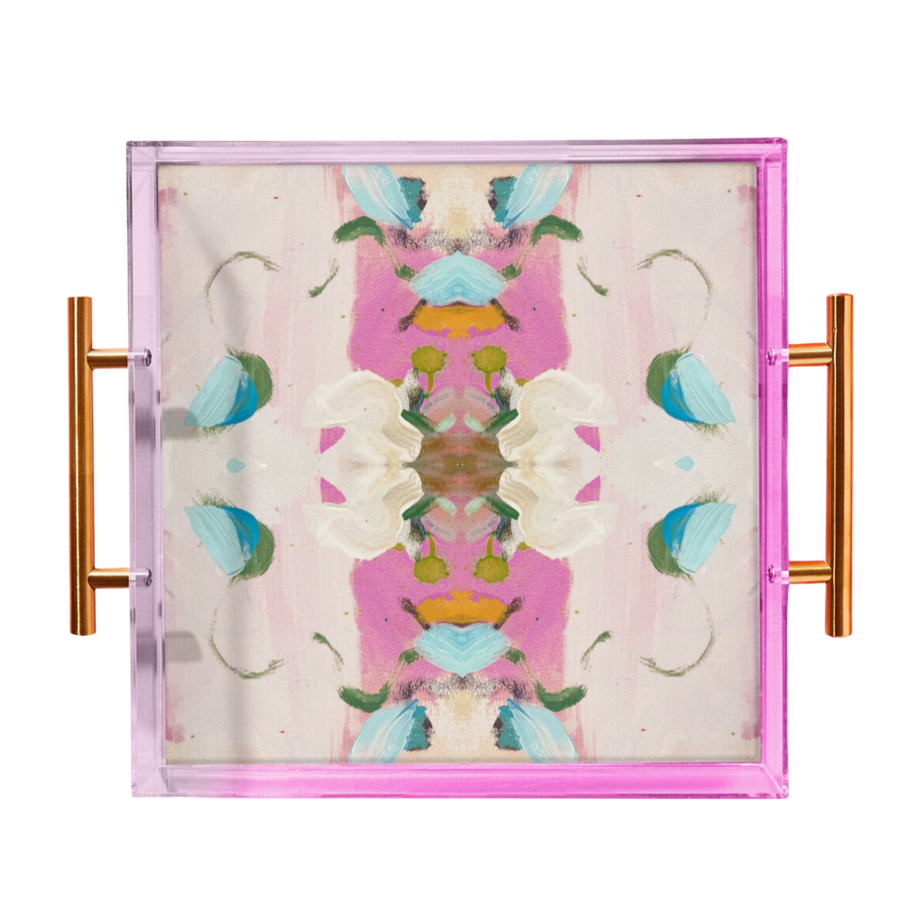 Monets Garden Pink Acrylic Tray With Gold Handle